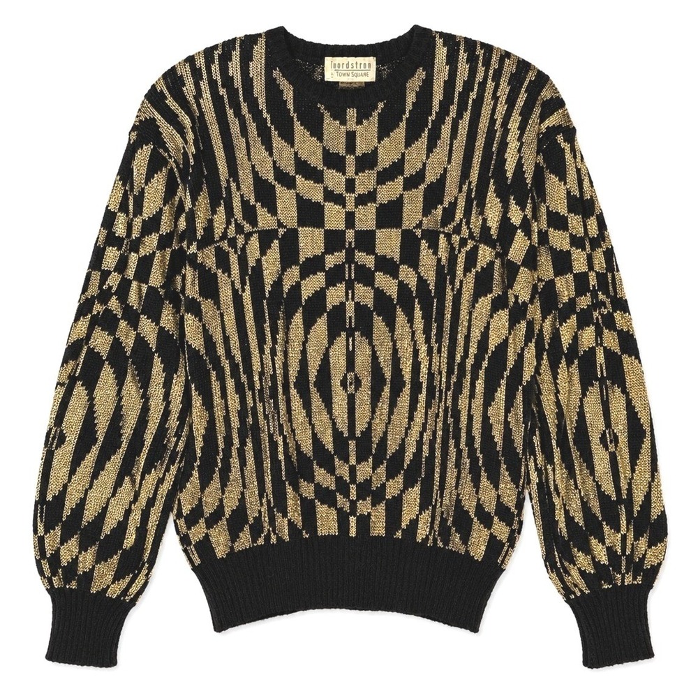 Nordstrom Town Square Sweater Gold Black Metallic Geometric Knit Made in Italy S